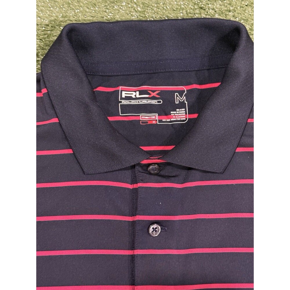 RLX Ralph Lauren Golf Polo Shirt Mens M Navy Pink Striped Moisture Wicking